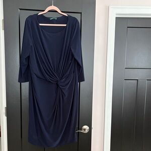 Ralph Lauren Navy/Blue Faux Wrap Classic Midi Dress. 3/4 Sleeves. Size XL.